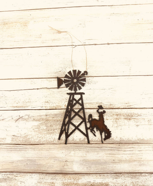 Wyoming Bronc and Windmill Rustic Metal Rodeo Ornament
