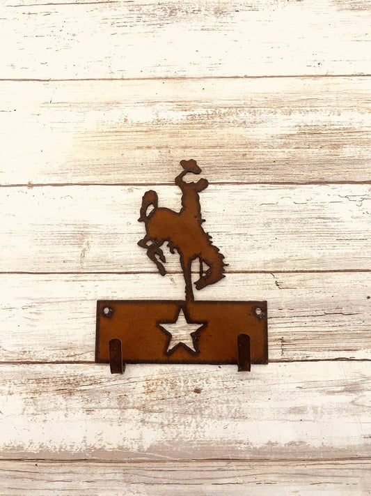 Wyoming Bronc Rider Double Key Hook Rusted Home Decor