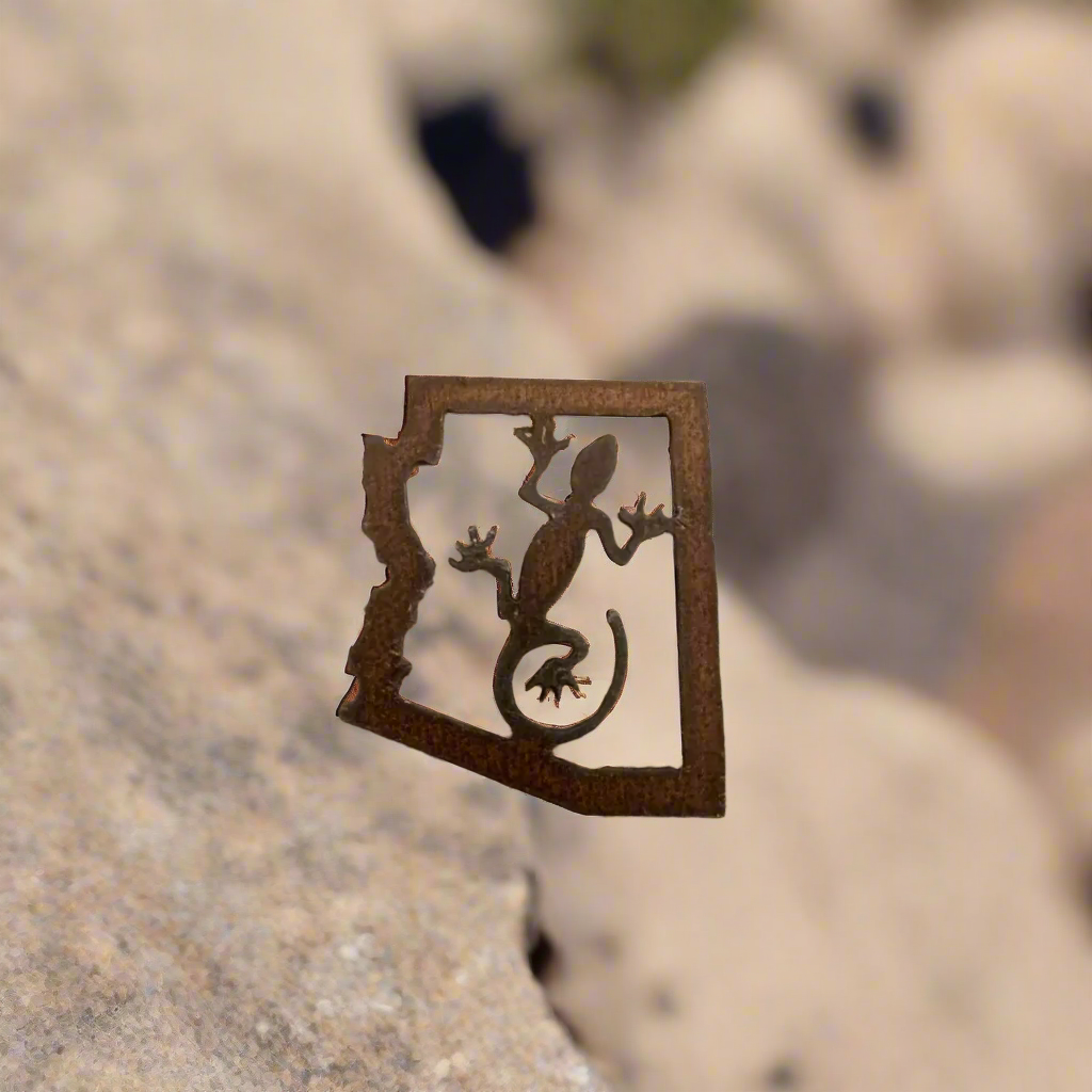 Arizona Outline with Lizard Rustic Metal Magnet Made in USA
