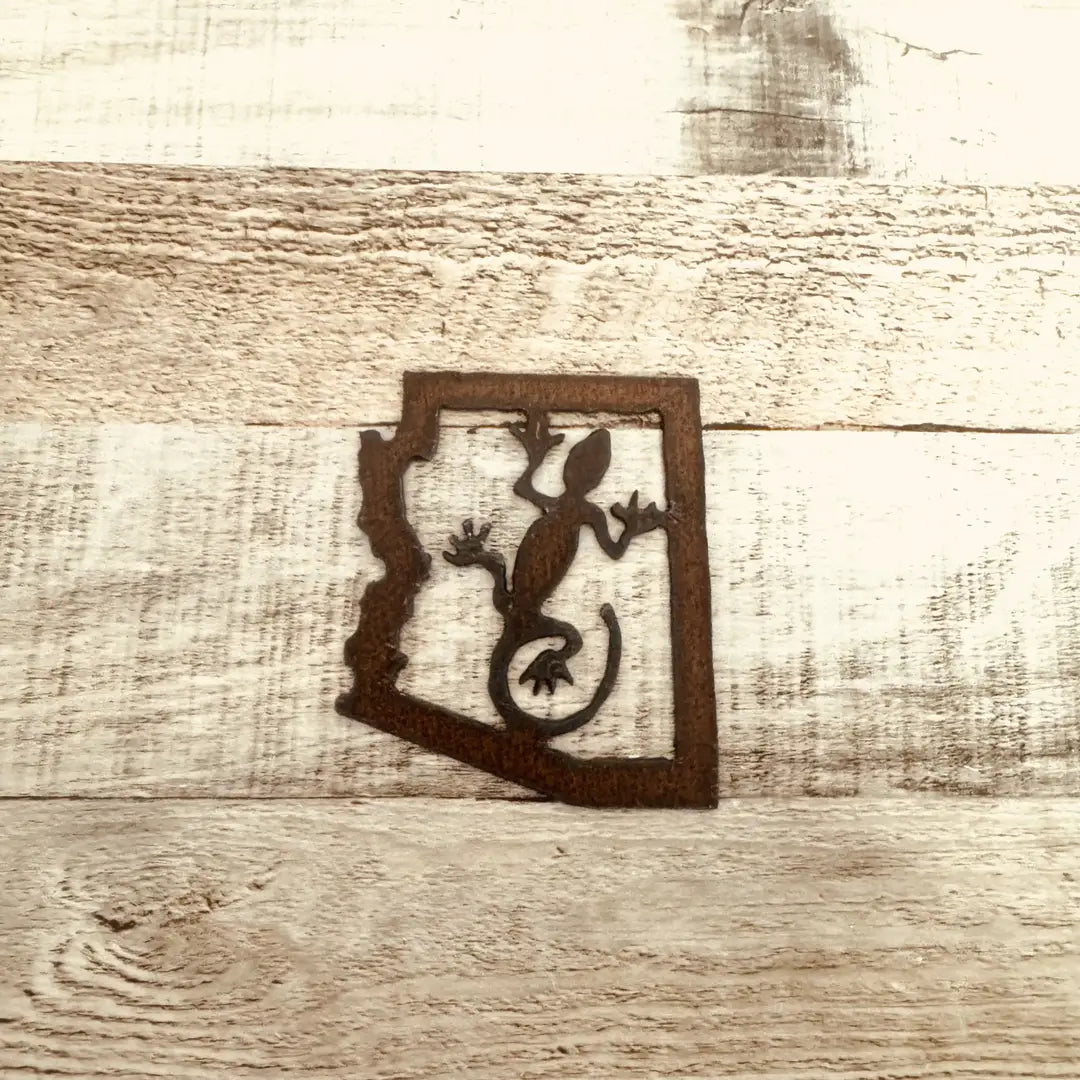Arizona Outline with Lizard Rustic Metal Magnet Made in USA