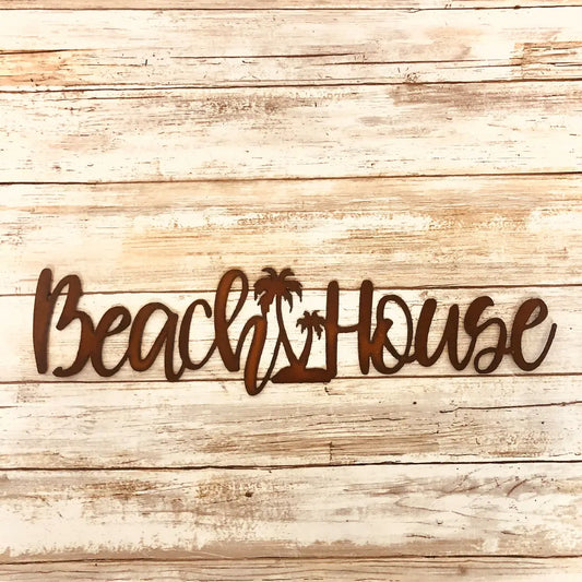 Beach House with Palm Trees Single Line Nautical  Ocean Sign