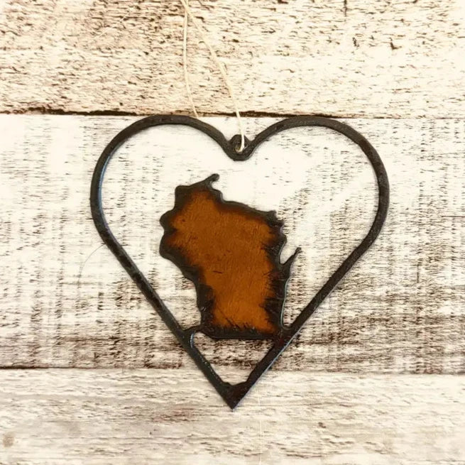 Outline Heart with Wisconsin Rustic Metal Ornament