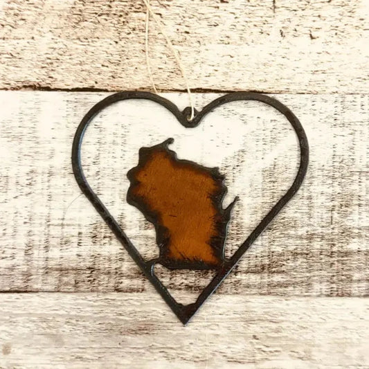 Outline Heart with Wisconsin Rustic Metal Ornament