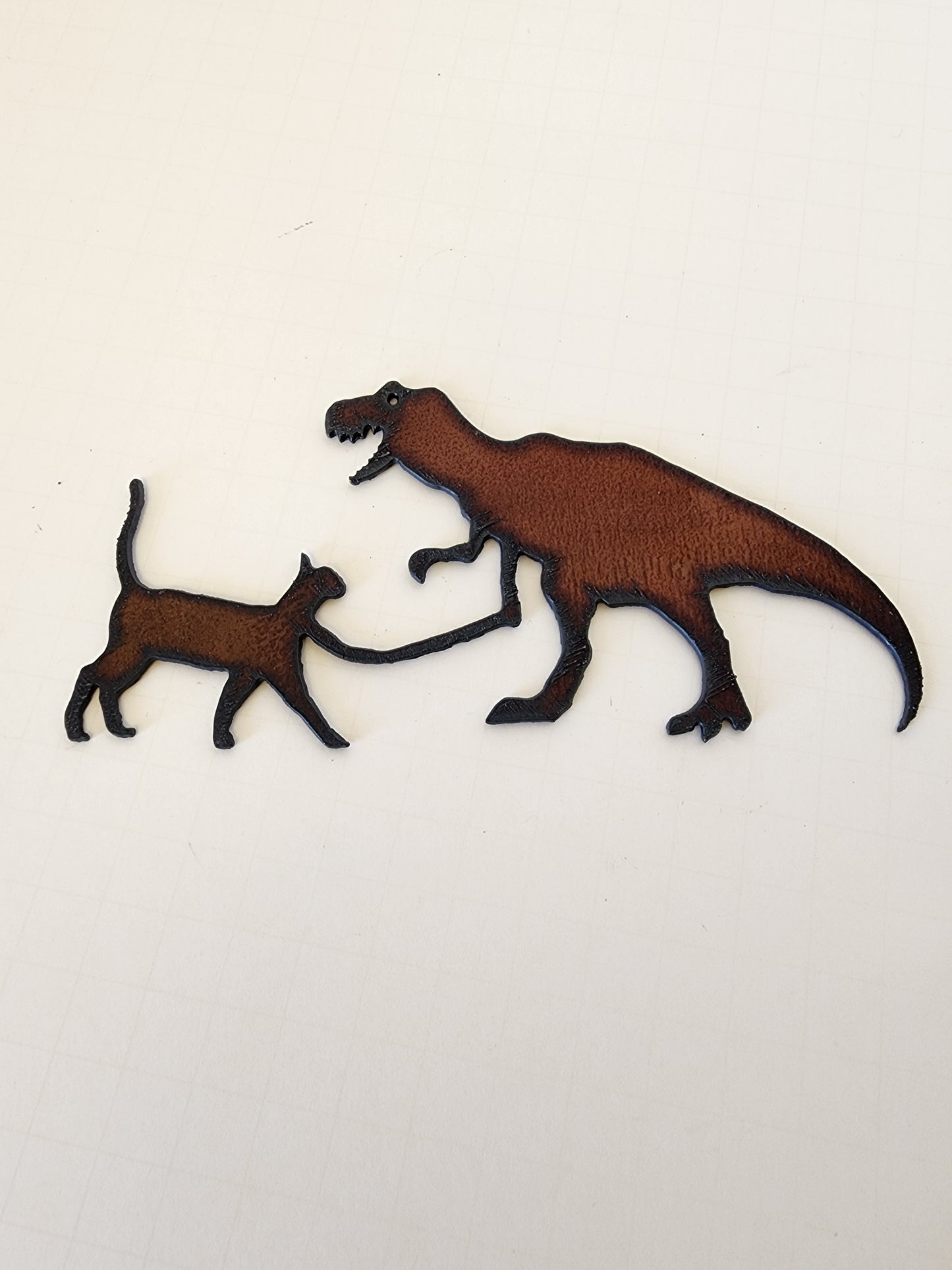 Tyrannosaurus Dinosaur with Kitty Cat Rustic Metal Magnet