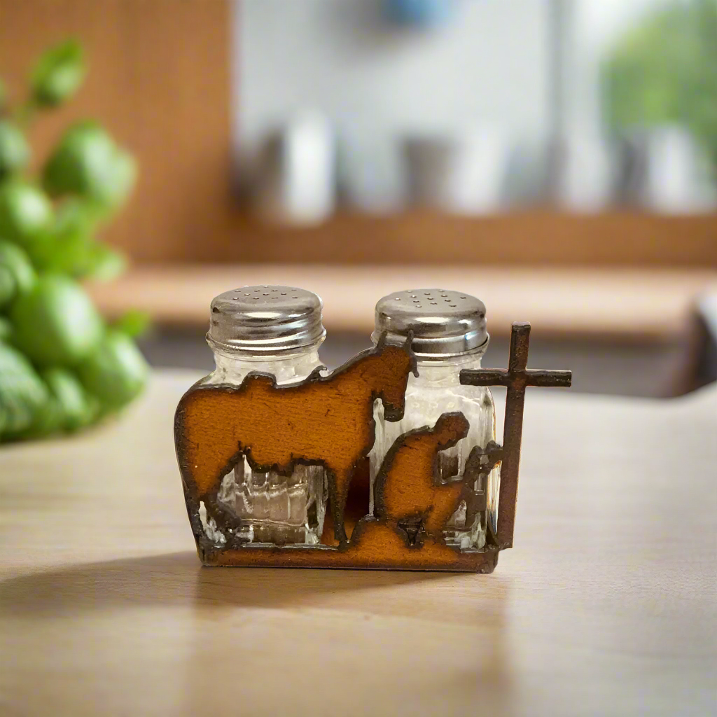 Cowboy at Cross Rustic Metal Salt n Pepper Shaker Cowboy