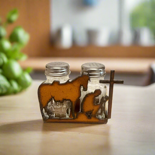 Cowboy at Cross Rustic Metal Salt n Pepper Shaker Cowboy