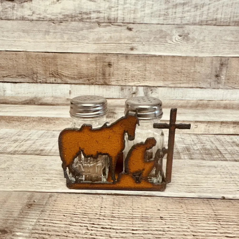 Cowboy at Cross Rustic Metal Salt n Pepper Shaker Cowboy