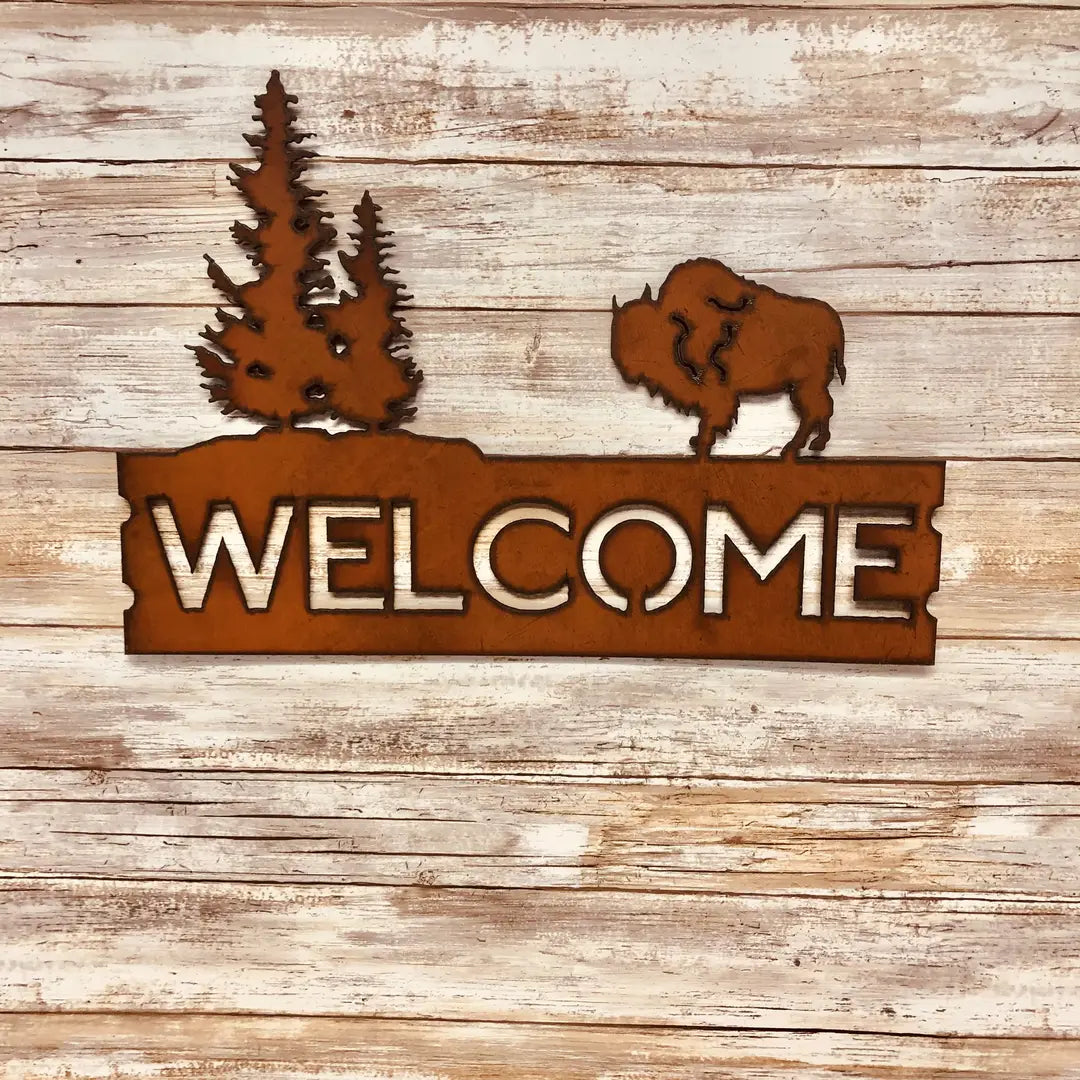 Buffalo and Double Pine Trees Horizontal Welcome Sign