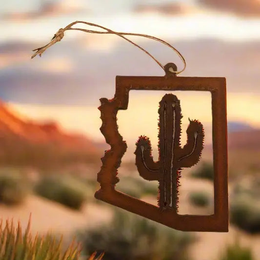 Arizona State Outline Ornament with Saguaro Cactus