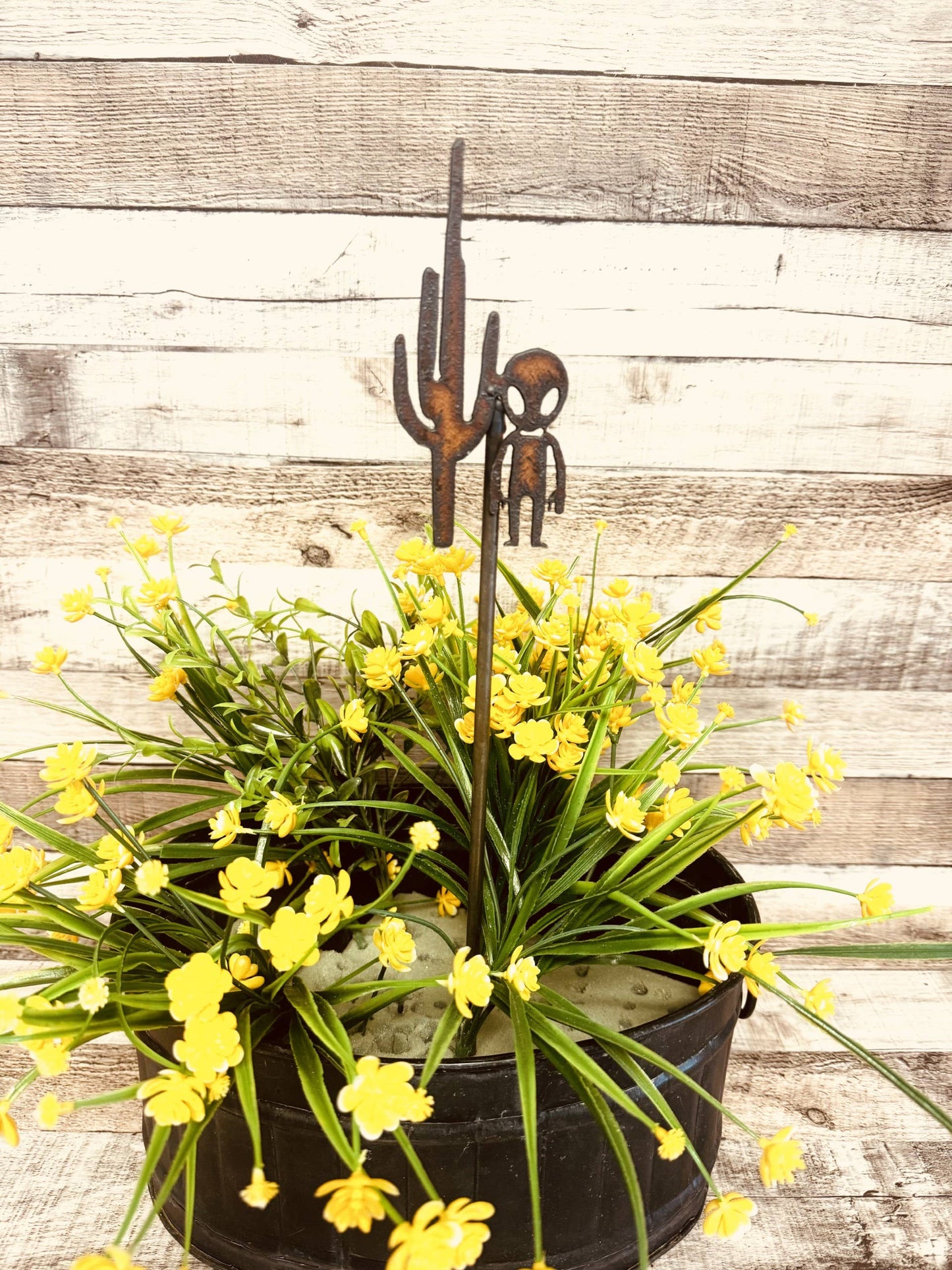 Alien with Saguaro Cactus Rustic Metal Plant Stake Garden