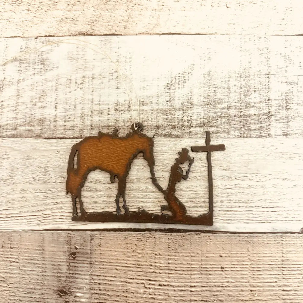 Cowgirl at Cross Praying Western Rodeo Ornament Made in USA
