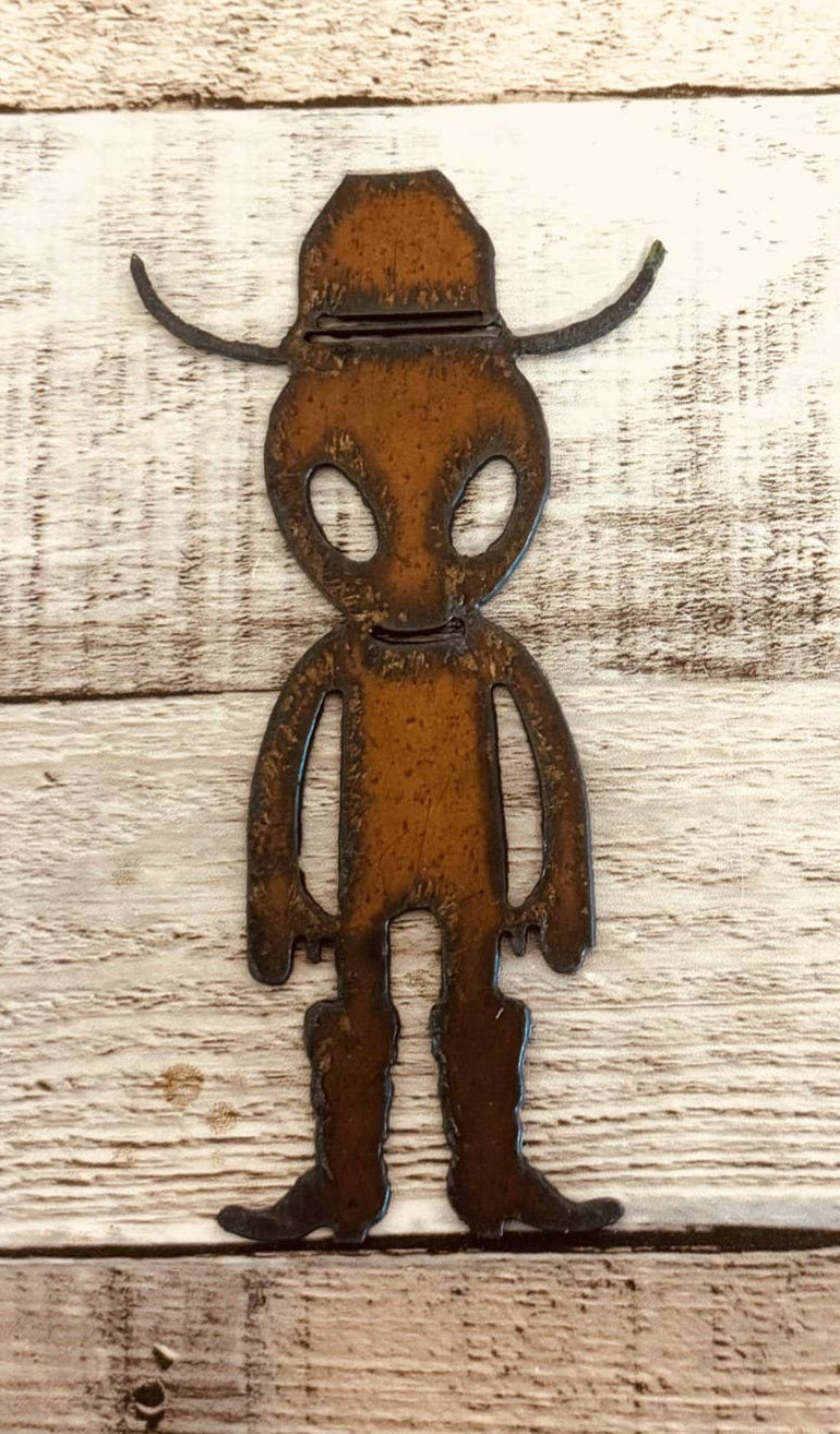 Alien Cowboy Rustic Metal Magnet Area 51 Roswell New Mexico