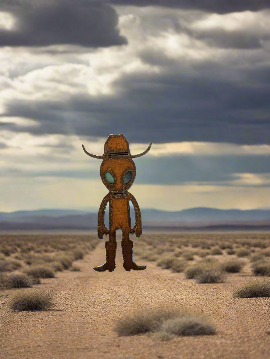 Alien Cowboy Rustic Metal Magnet Area 51 Roswell New Mexico