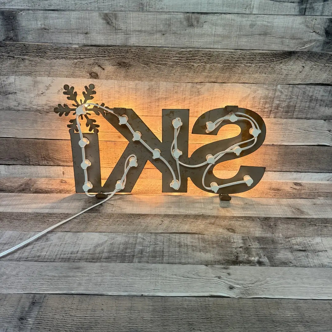 Ski Word Lighted Marquee Rusted Metal Sign Lodge Gift