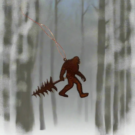 Bigfoot Yeti Sasquatch with Tree Rustic Metal Ornament