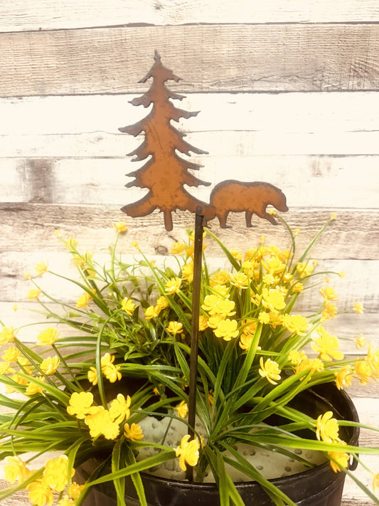 Black Bear and Tree Rustic Metal Garden Plant Stake