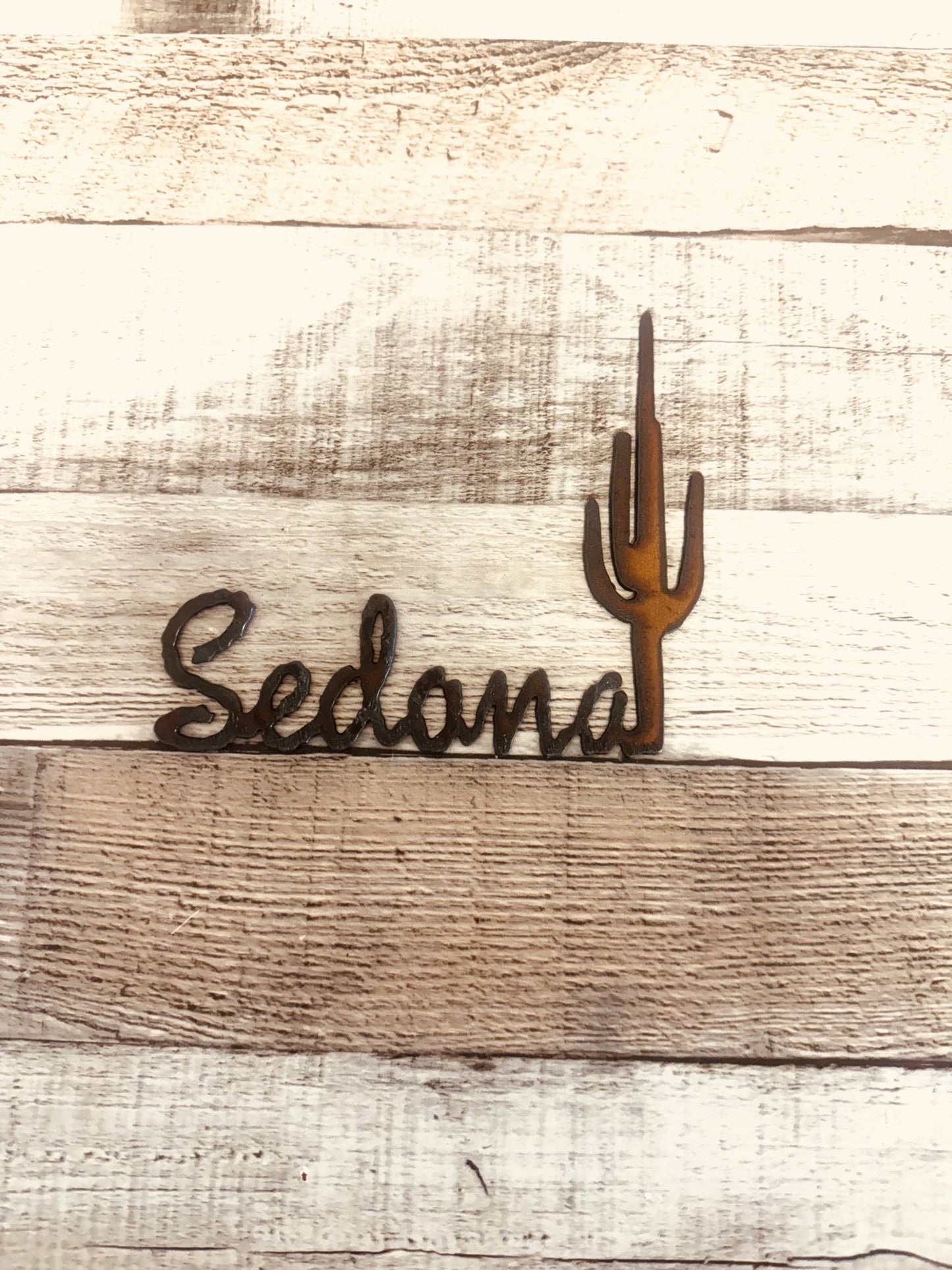 Sedona Word with Cactus Rustic Metal Desert Magnet Gift