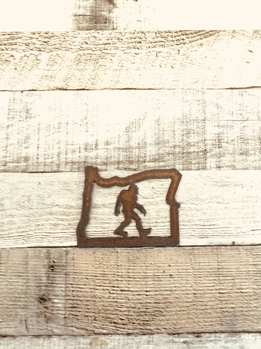 Oregon Outline with Bigfoot Rusted Metal Magnet