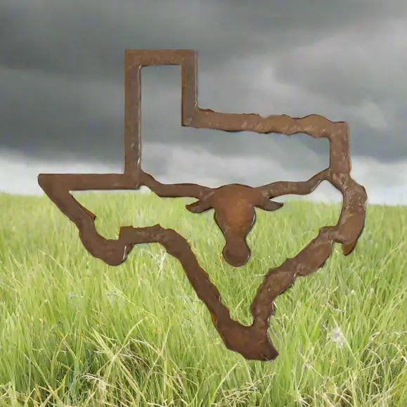 Texas Outline with Longhorn State Rustic Metal Magnet