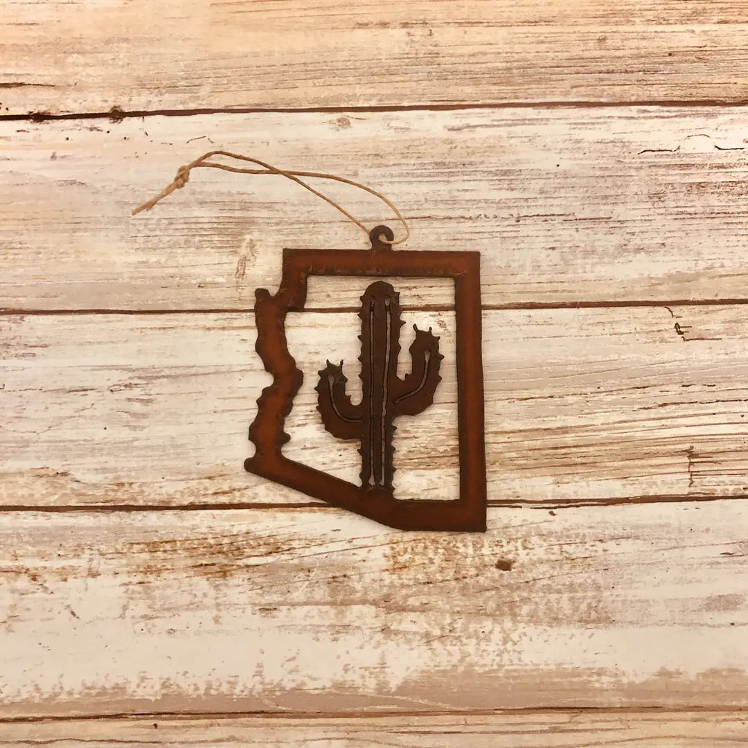 Arizona State Outline Ornament with Saguaro Cactus