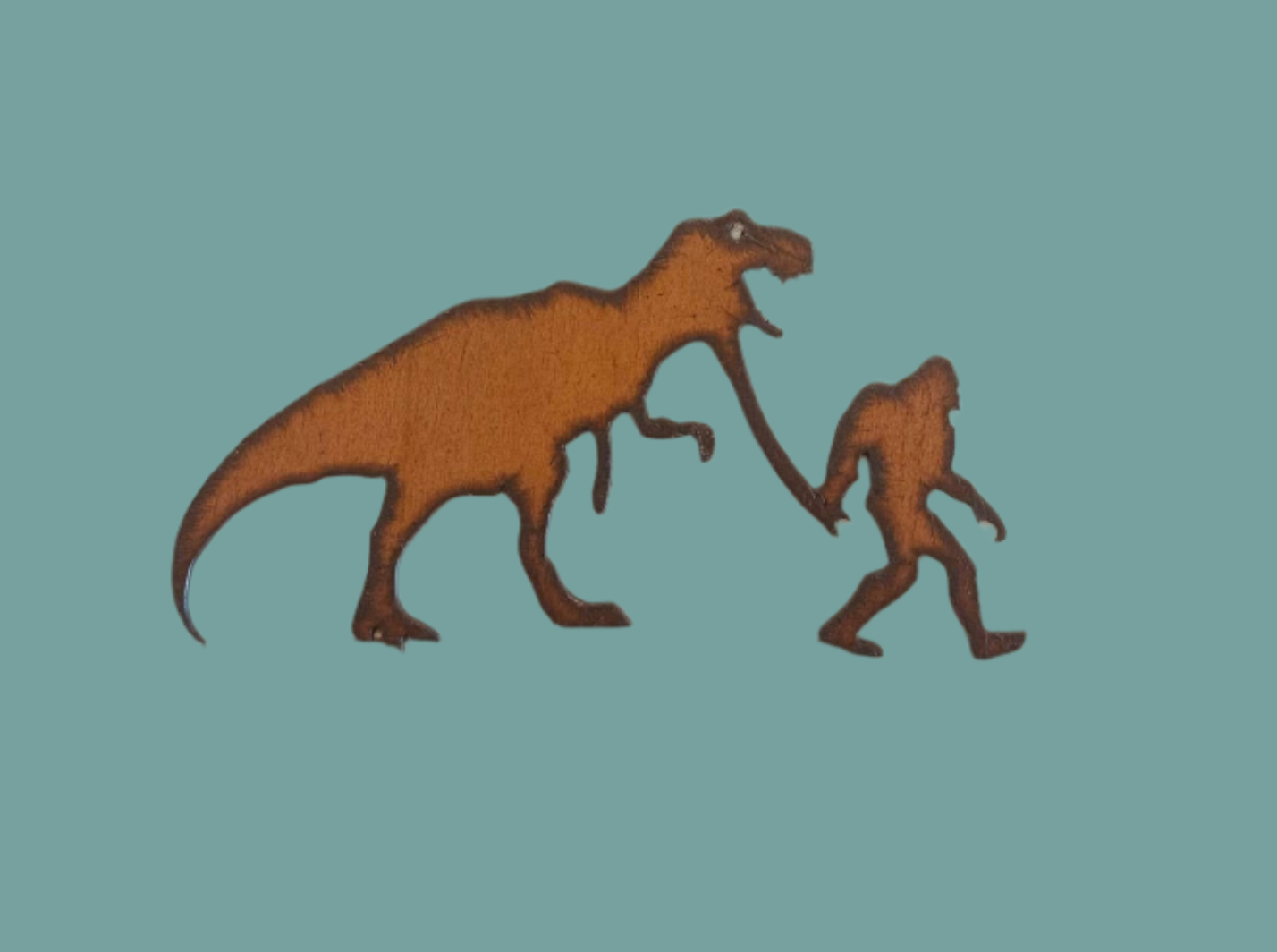 Tyrannosaurus Dinosaur with Bigfoot Yeti Rustic Metal Magnet