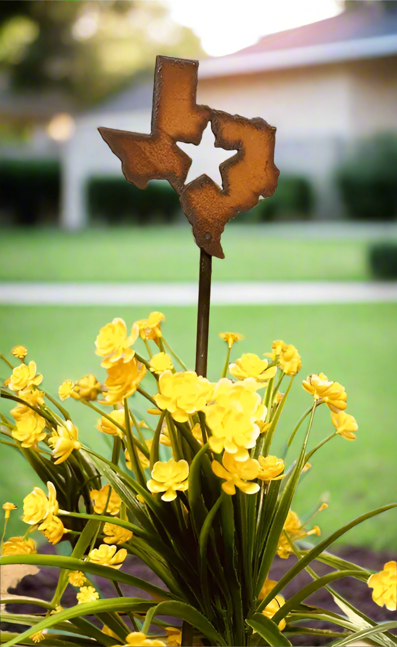State of Texas with Star Plant Stake Rustic Metal Garden Art