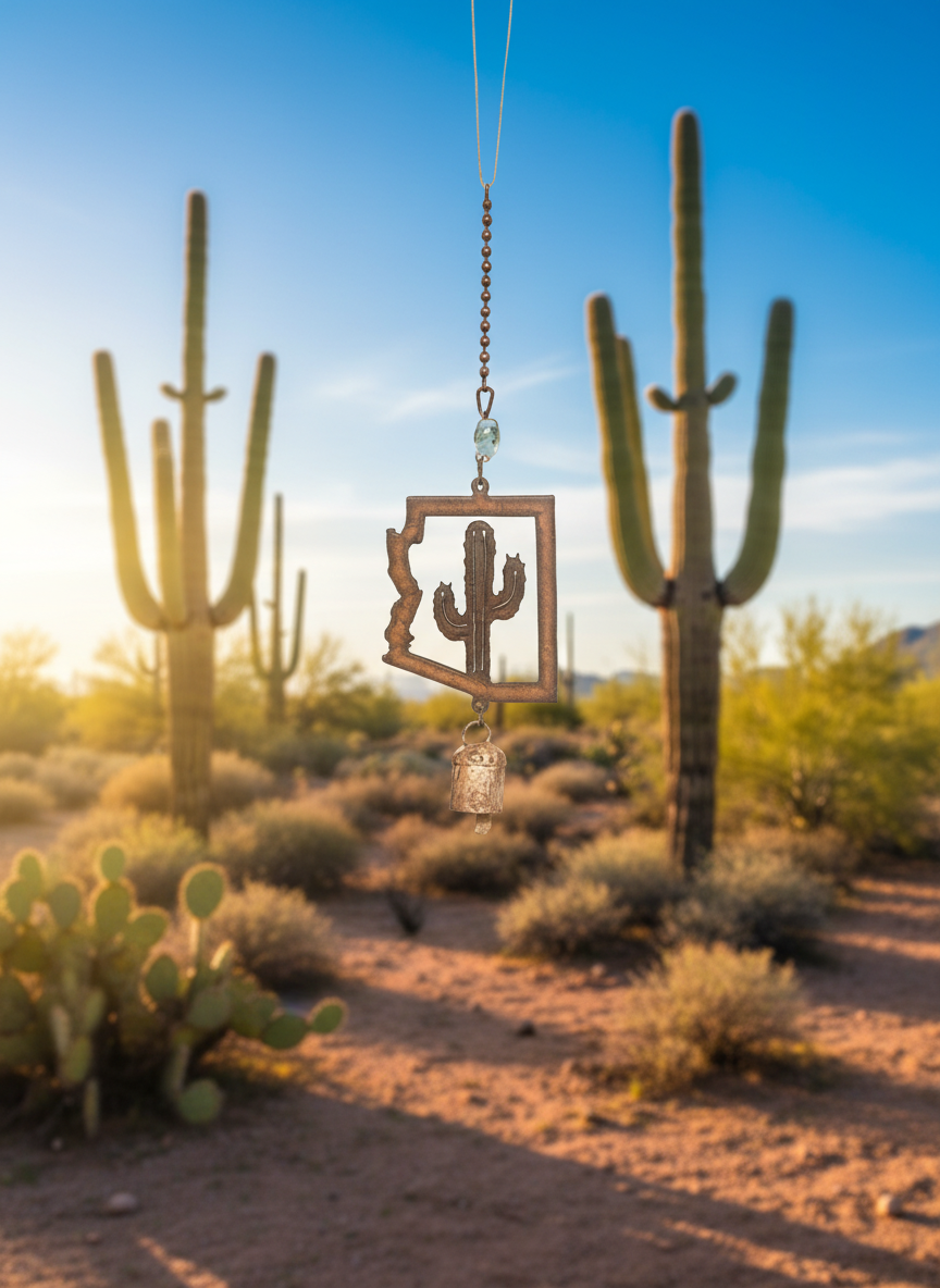 Arizona Outline with Cactus Garden Single Bell Mobile Chime