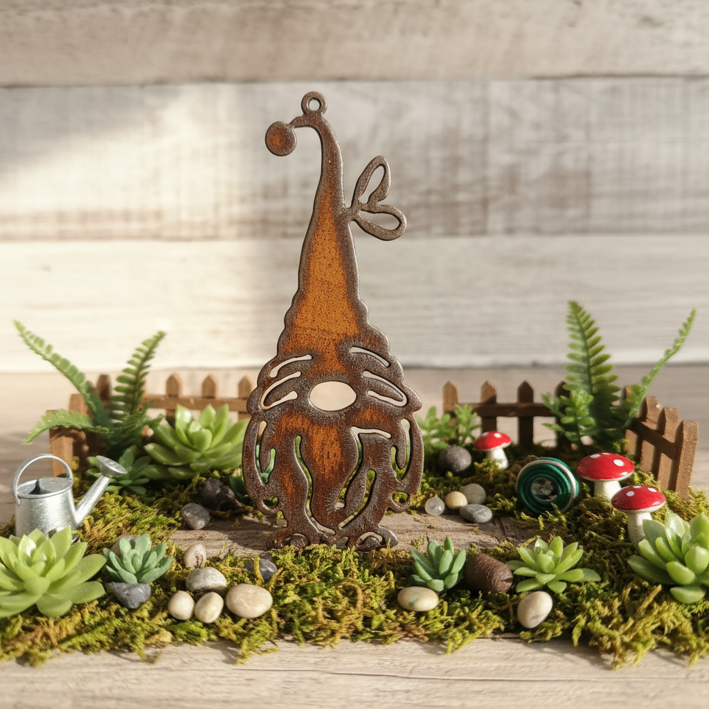 Gnome with Butterfly Rustic Metal Ornament Whimsical Gift