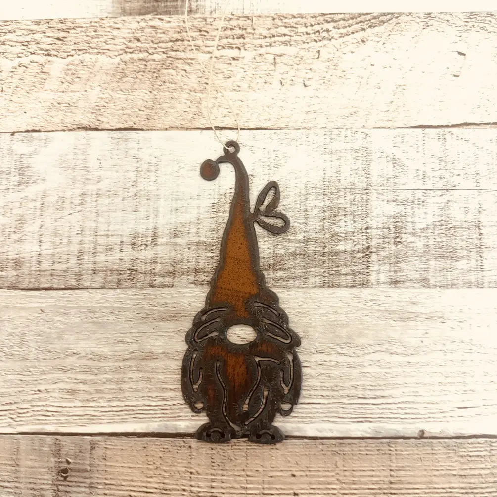 Gnome with Butterfly Rustic Metal Ornament Whimsical Gift