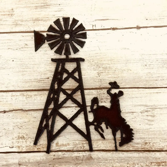 Wyoming Bronc with Windmill Rustic Metal Rodeo Magnet