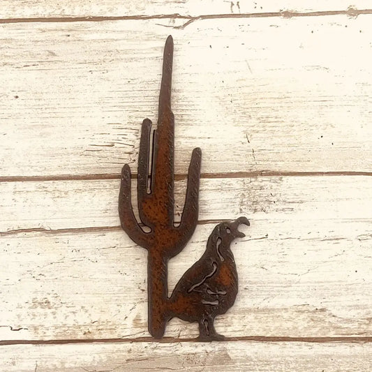 Quail and Saguaro Cactus Desert Magnet Rustic Metal Arizona
