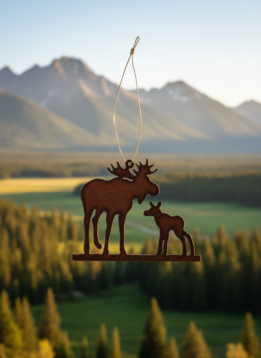 Moose and Baby Lodge Rustic Metal Ornament