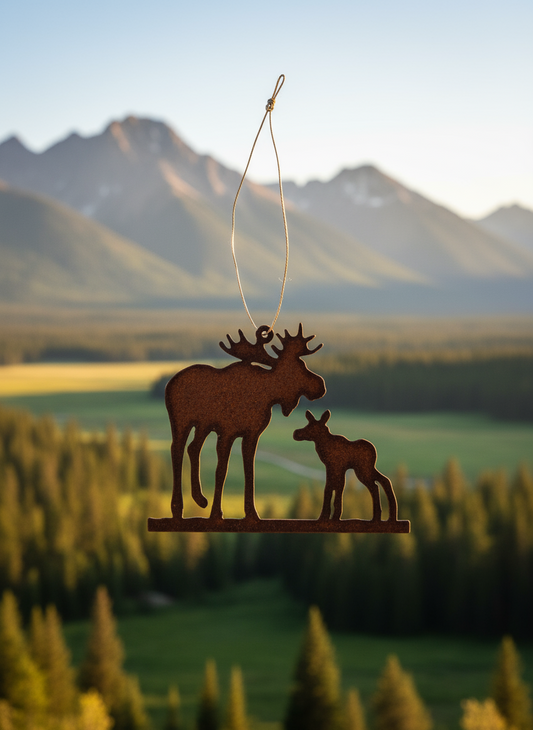 Moose and Baby Lodge Rustic Metal Ornament