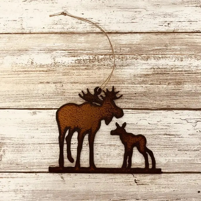 Moose and Baby Lodge Rustic Metal Ornament