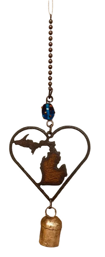 outline heart with Michigan with UPPER AND LOWER Garden Bell chime USA MADE
