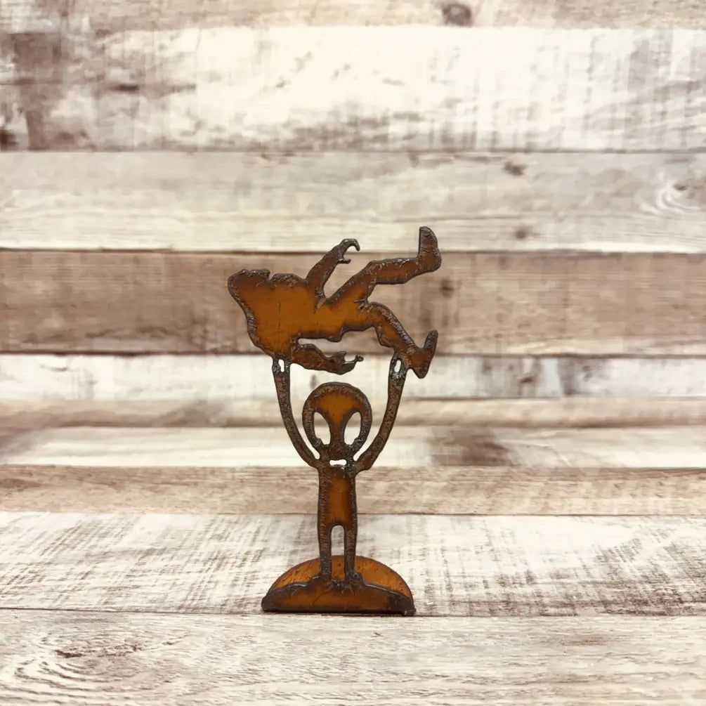 Alien Holding Bigfoot Rustic Metal Desk Top Figurine USA