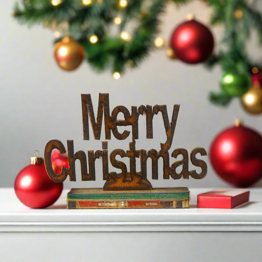 Merry Christmas Doodad Rustic Metal Tabletop Holiday Decor