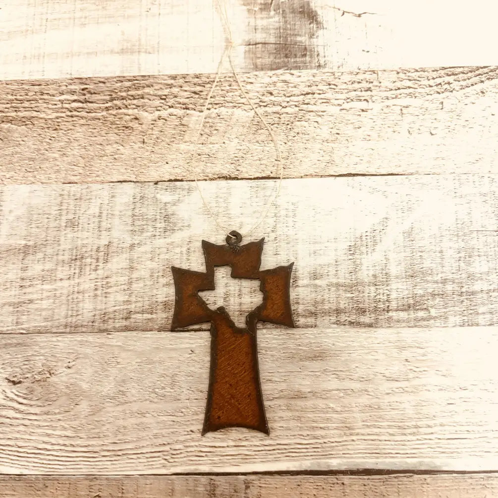 Cross with Texas Cutout Rustic Metal Ornament Made in USA