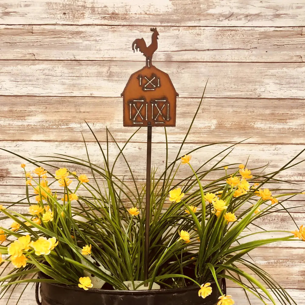 Barn with Rooster Farmhouse Plant Stake
