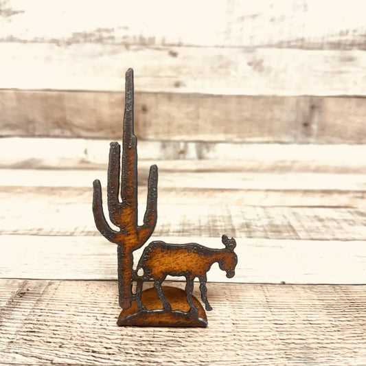 Donkey with Cactus Doodad Rustic Metal Southwest Figurine