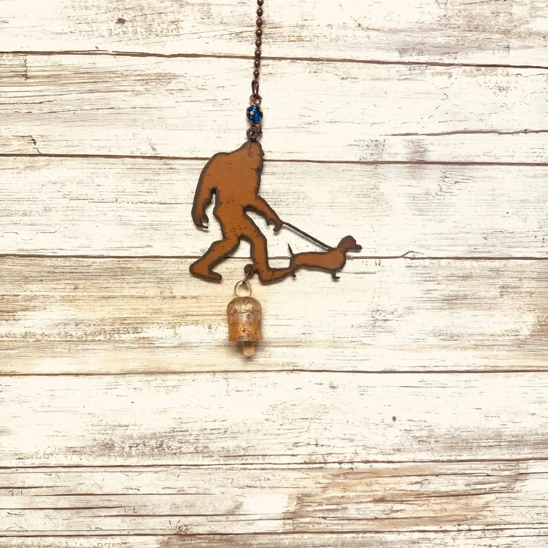 Bigfoot Yeti Sasquatch with Dachshund Garden Bell Chime