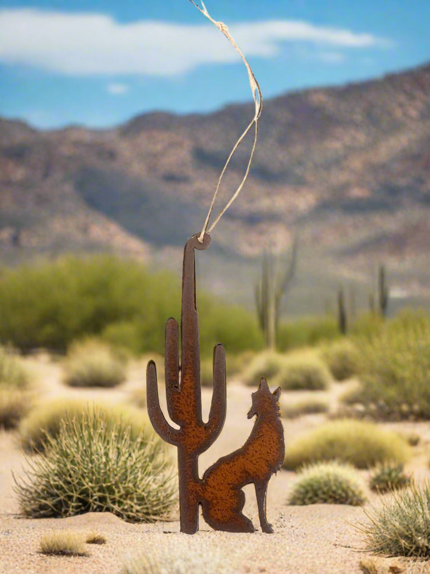 Coyote and Saguaro Cactus Desert Ornament Rustic Metal