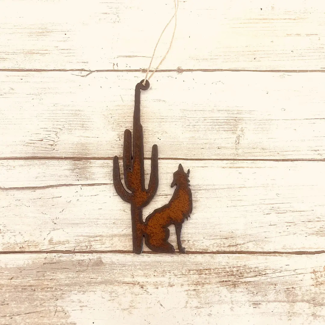 Coyote and Saguaro Cactus Desert Ornament Rustic Metal