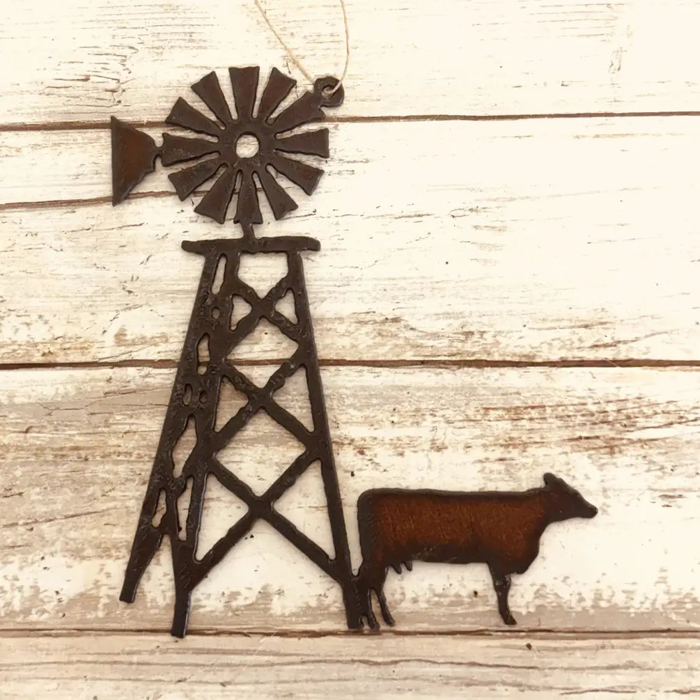 Cow and Windmill Rustic Metal Farmhouse Ornament