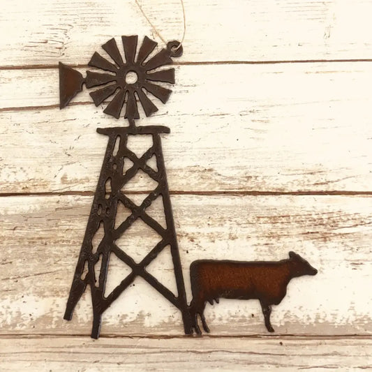 Cow and Windmill Rustic Metal Farmhouse Ornament