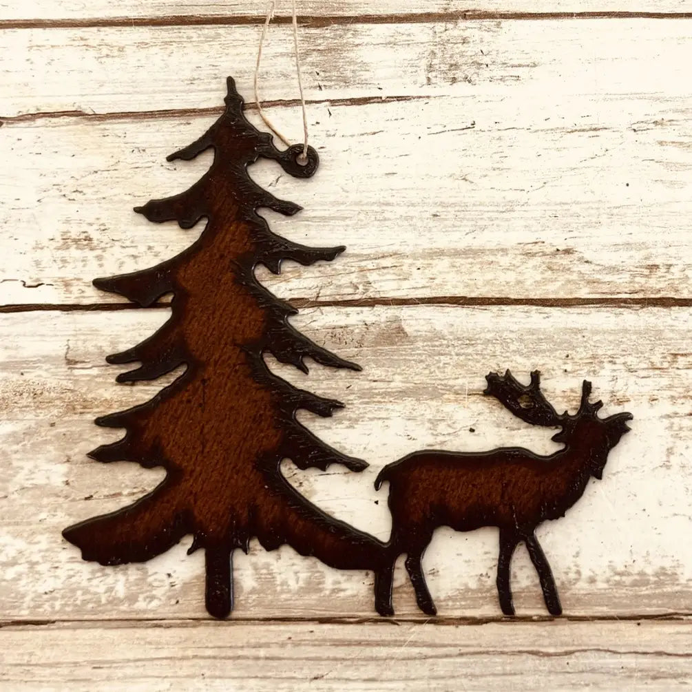 Elk and Pinetree Rustic Lodge Metal Ornament