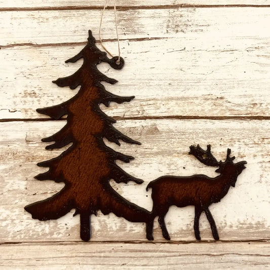 Elk and Pinetree Rustic Lodge Metal Ornament