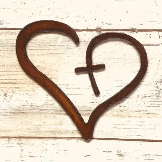 Heart with Cross Rustic Metal Magnet