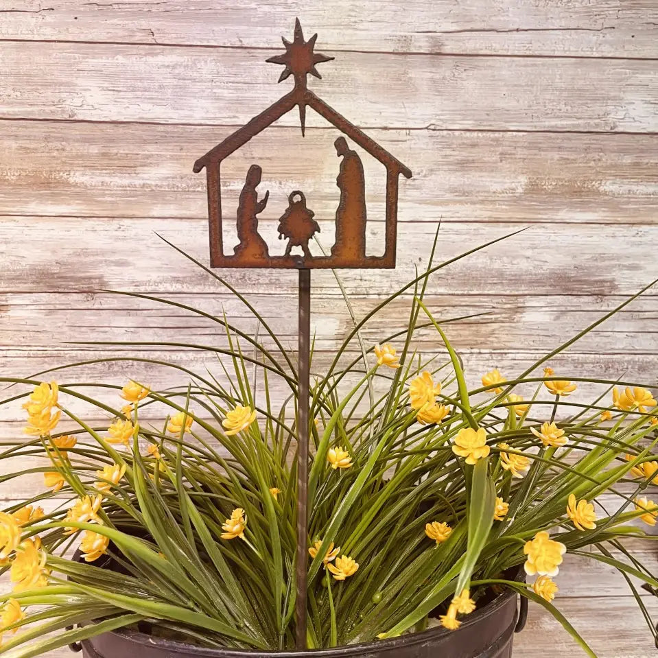 Nativity Christmas Garden Plant Stake Rustic Metal
