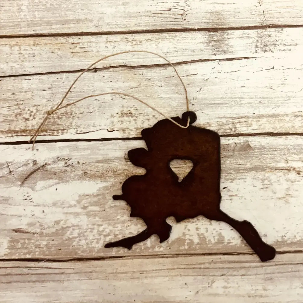 Alaska State shape with Heart Cutout Ornament Rusted Metal